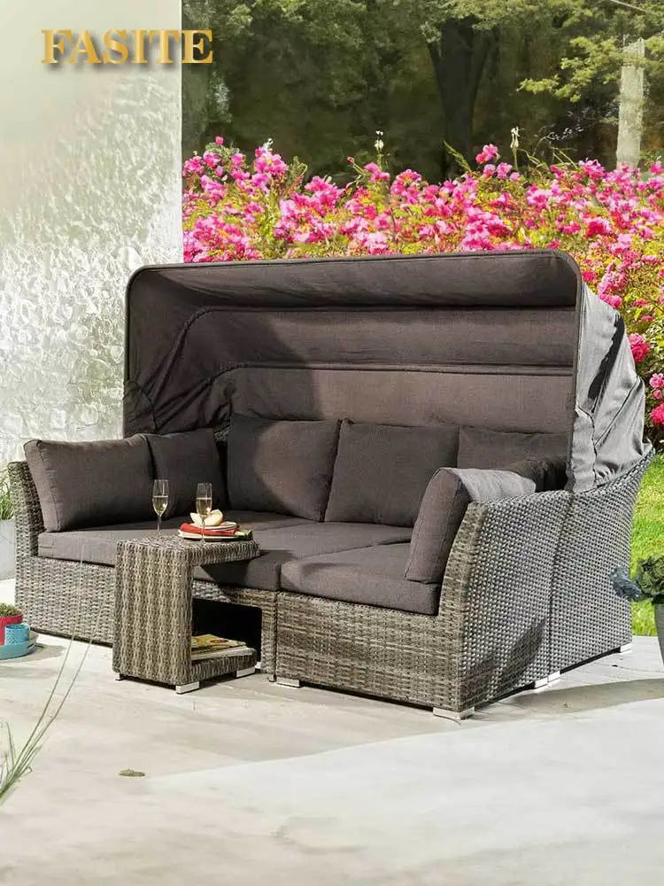 Lying bed, covered courtyard, high-end villa, outdoor rattan woven sofa bed, terrace, outdoor rattan chair