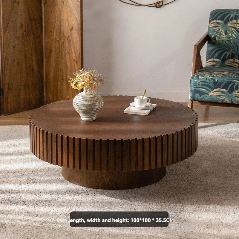 SS Modern Wooden Coffee Table Round Black With Solid Wood Veneered, Circle Center Table Accent Tea Table For Living Room Apartme