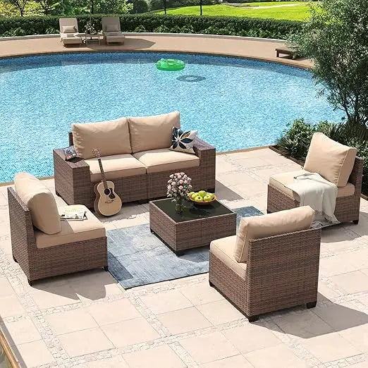 8 Piece Patio Furniture Set with 44” Fire Pit Table Wicker Rattan Outdoor Sectional Sofa Set with Coffee Table and Thickened Cu
