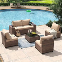 8 Piece Patio Furniture Set with 44” Fire Pit Table Wicker Rattan Outdoor Sectional Sofa Set with Coffee Table and Thickened Cu