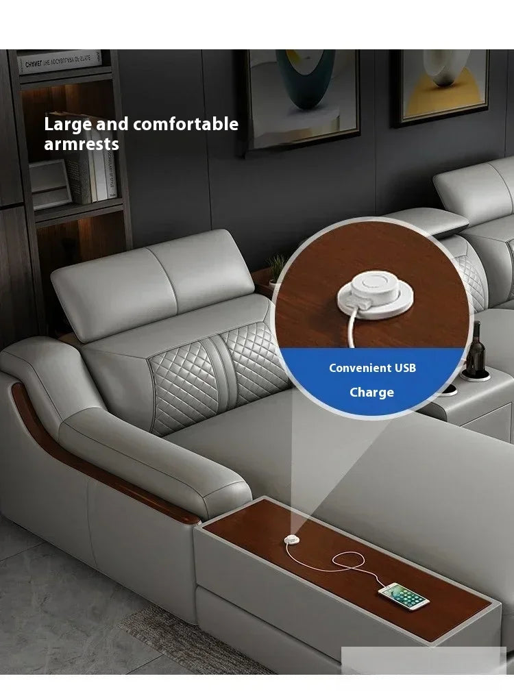 Modern Italian Genuine Leather Sofa for Living Room with Cup Holder, USB, Adjustable Headrests & Bluetooth Speaker - Linlamlim