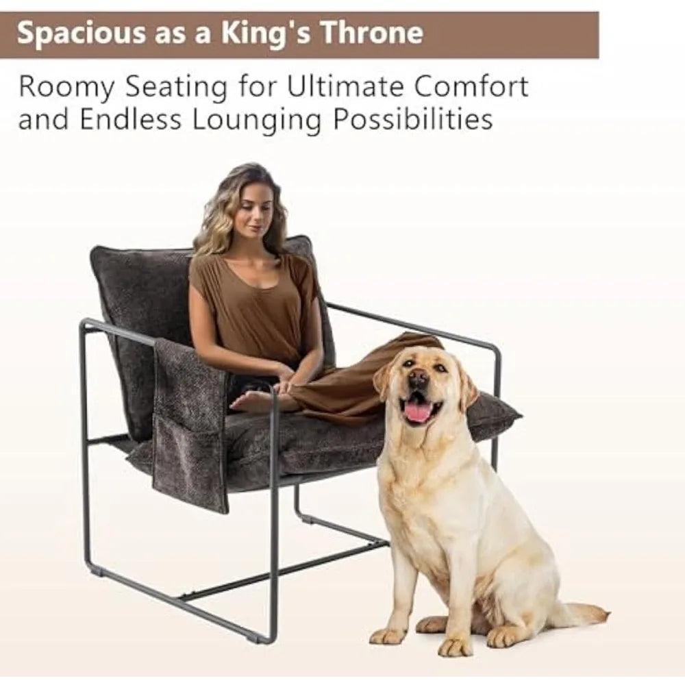 Upholstered Hanging Armchair with Arm Pocket, Comfy Accent Chair with Metal Frame, Crushed Foam Cushions and Skin-Friendly Brai