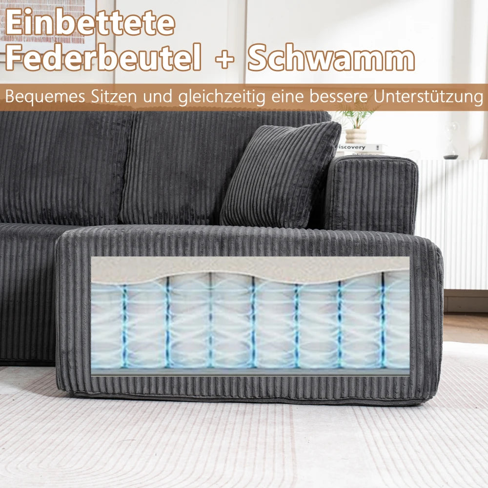 Living Room Boneless Modular Sofa, Corduroy Fabric, Modern U-shaped Leisure Sofa, High-density Sponge, No Assembly, for Home