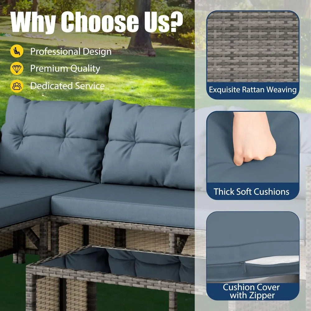 3-Piece Outdoor Patio Furniture Set with Glass Table and Cushions, All-Weather Wicker Rattan Sofa in Blue Grey