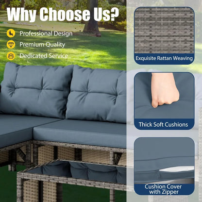 3-Piece Outdoor Patio Furniture Set with Glass Table and Cushions, All-Weather Wicker Rattan Sofa in Blue Grey