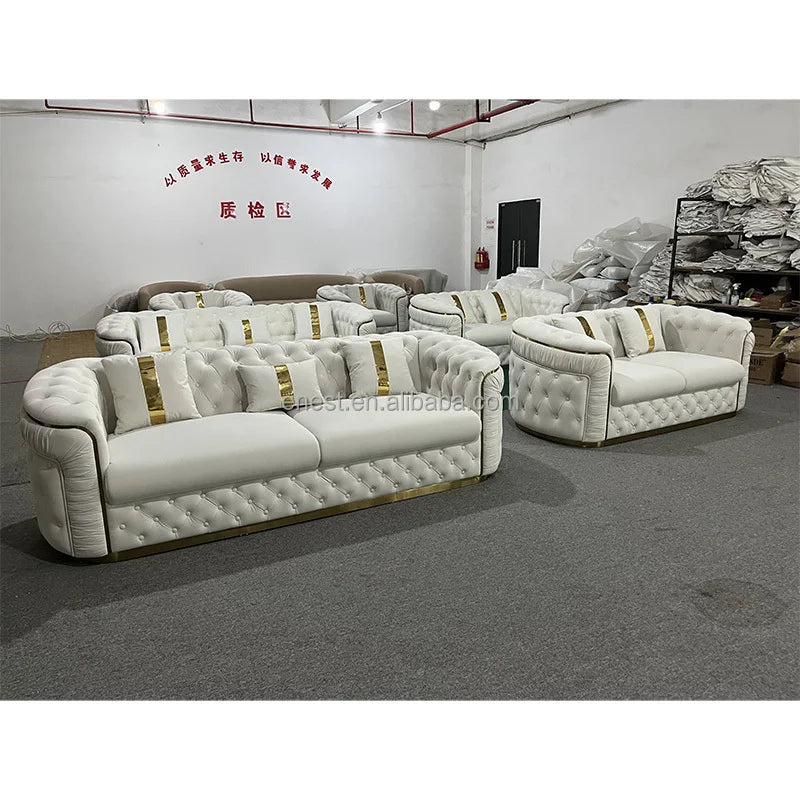 Factory Outlet European Luxury Rose Gold Leg White Chesterfield Sofa Velvet Fabric Button Tufted Living Room Couch Set Furniture
