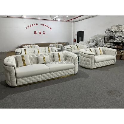 Factory Outlet European Luxury Rose Gold Leg White Chesterfield Sofa Velvet Fabric Button Tufted Living Room Couch Set Furniture