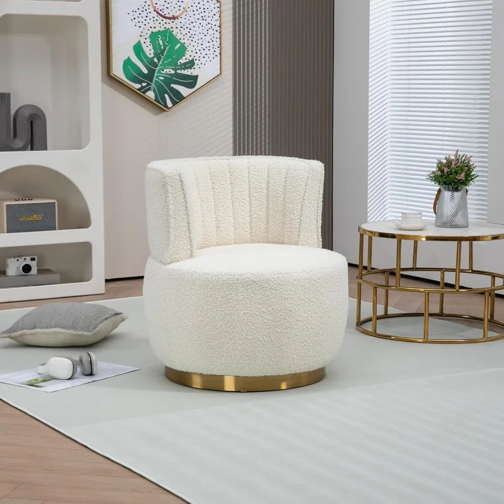 White Modern Swivel Chair, Round Upholstered Comfortable Accent Chair, Sherpa-Fabric Chair with Gold Base for Nurseries