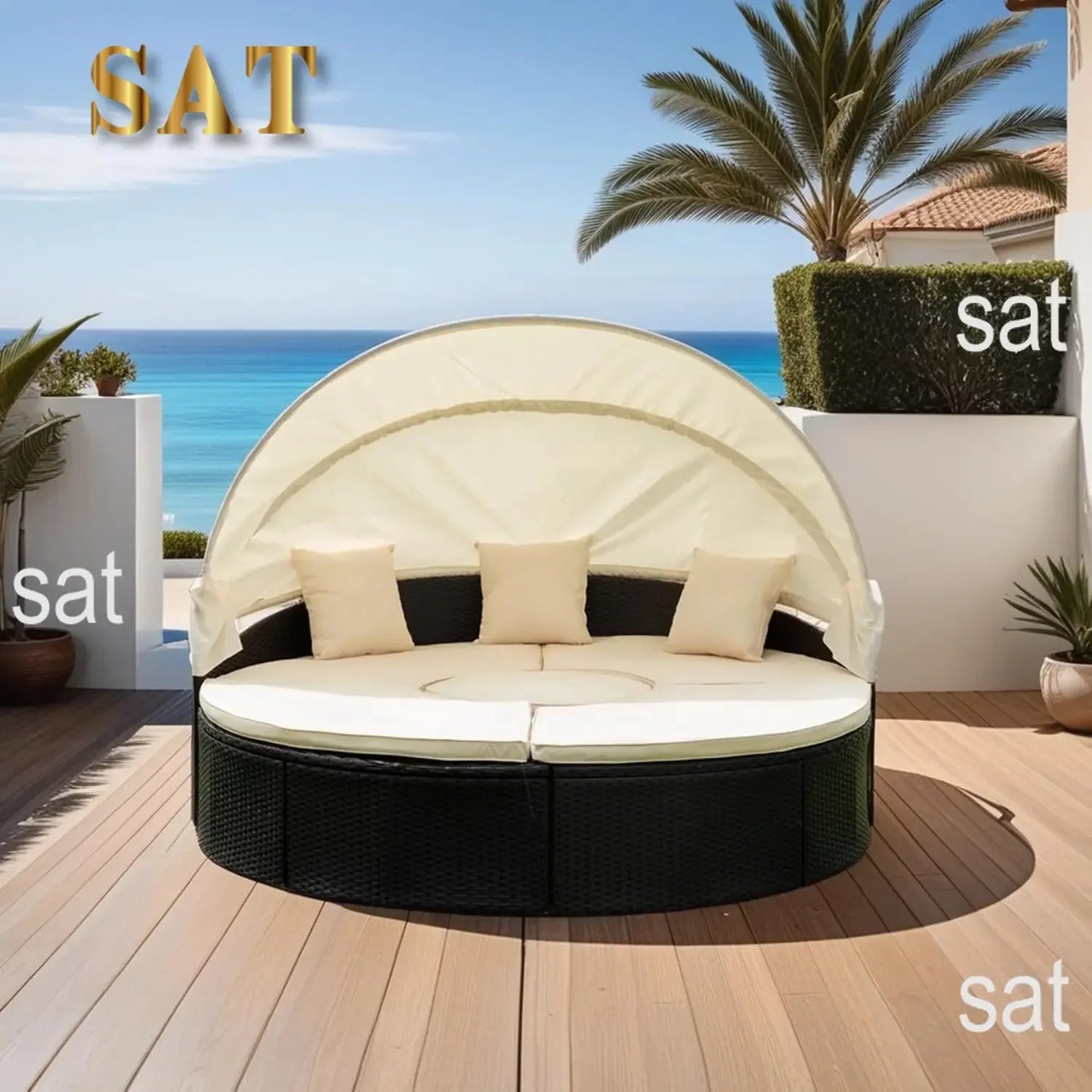 %a Patio Rattan Sunbed with Retractable Canopy, Round Outdoor Sectional Sofa Set with Separate Seating,liftable Table and Remov