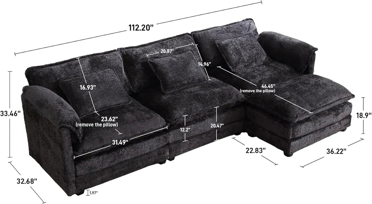 Cloud Sofa two Seats, for Apartment, Comfy Double Layer Upholstered Seat Cushion, Breathable Chenille Fabric, Black