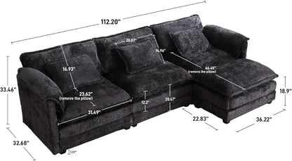Cloud Sofa two Seats, for Apartment, Comfy Double Layer Upholstered Seat Cushion, Breathable Chenille Fabric, Black