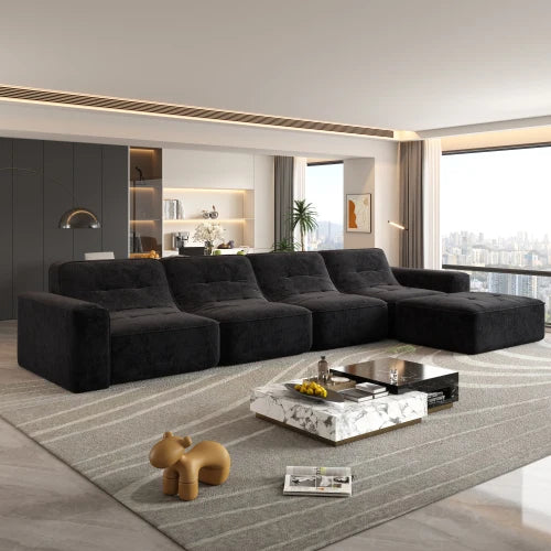 U-Shaped Sectional Sofa, Convertible Modular Couch with Double Chaise, 4-Seater Living Room Furniture, Black