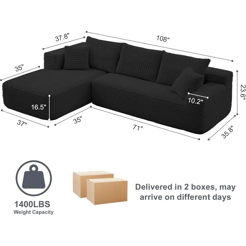 108 L-Shaped Deep Seat Comfort Sectional Sofa in Corduroy for Living Room, No Assembly Needed