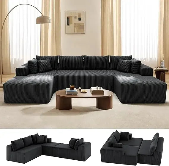 Couch U-Shaped Sectional Sofa,134'' Modular Boneless Couches for Living Room,Corduroy Deep Seat Sofa with 2 Chaise Lounges