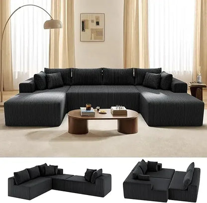 Couch U-Shaped Sectional Sofa,134'' Modular Boneless Couches for Living Room,Corduroy Deep Seat Sofa with 2 Chaise Lounges