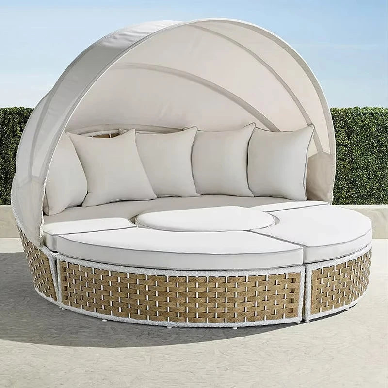 Modern day bed patio furniture hotel luxury garden sun lounger round aluminum rattan wicker outdoor day bed with canopy