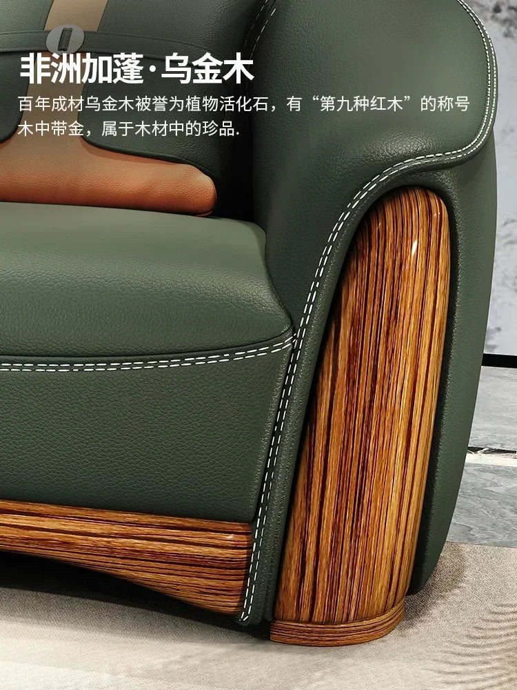 New Chinese Style Ugyen Wood Leather Sofa Large Apartment Combination New Furniture