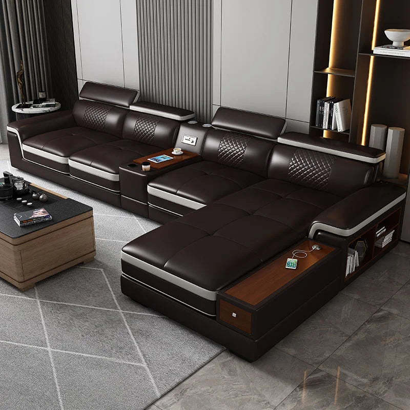 Stylish  Leather Sofa for Living Room with Cup Holder, USB, Adjustable Headrests & Bluetooth Speaker