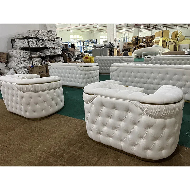 Luxury Rose Gold Leg White Chesterfield Sofa Velvet Fabric Button Tufted Living Room Couch Set Furniture
