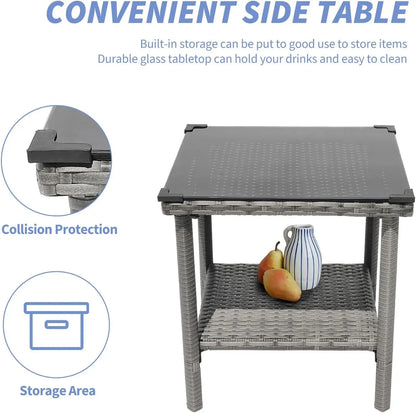 5 PCS Outdoor Patio Set with Table & Ottoman, Gray Wicker & Green Cushion Bistro Furniture