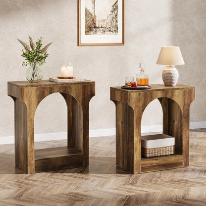 Wood End Table Set of 2, Side Table with Storage Space for Living Room, Narrow Nightstand for Bedroom, Rustic Brown