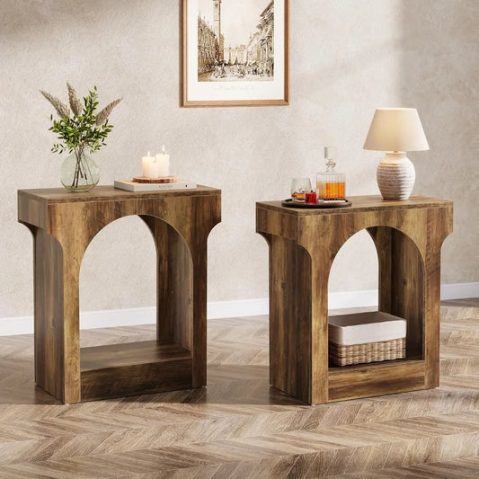Wood End Table Set of 2, Side Table with Storage Space for Living Room, Narrow Nightstand for Bedroom, Rustic Brown