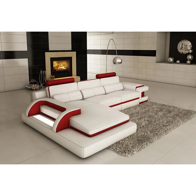 Italian Leather Sectional Sofa Set Red Black L-Shape Living Room Furniture for Office or Apartment Genuine Leather Material