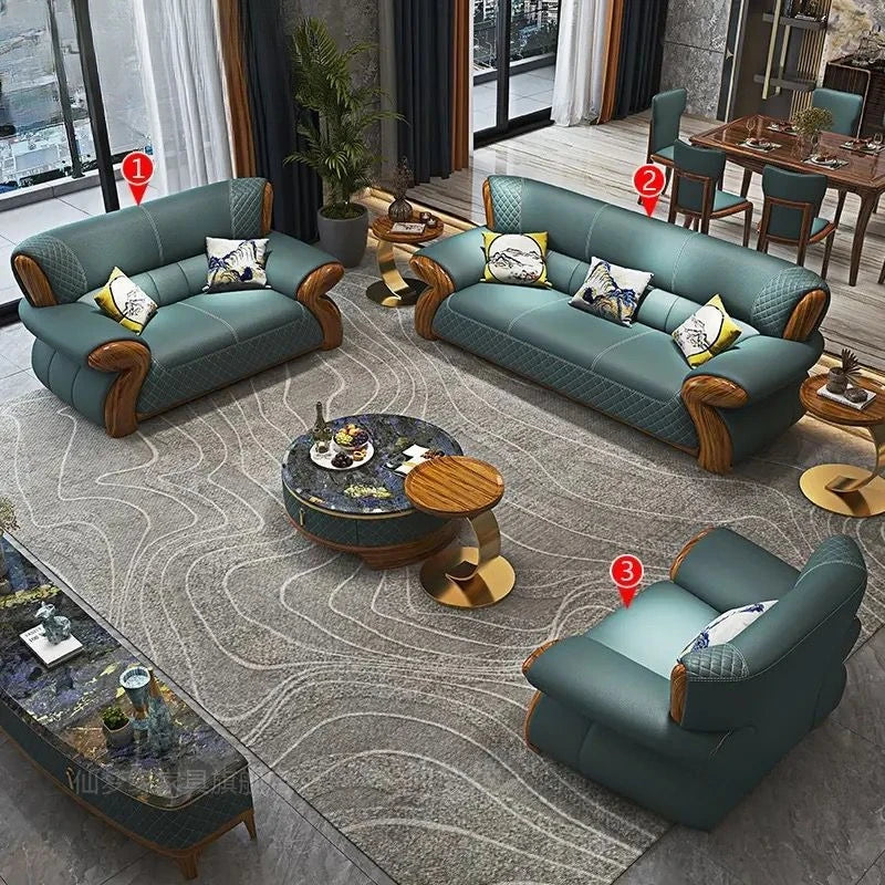New leather sofa modern simple light luxury ebony solid wood new Chinese small apartment living room popular furniture