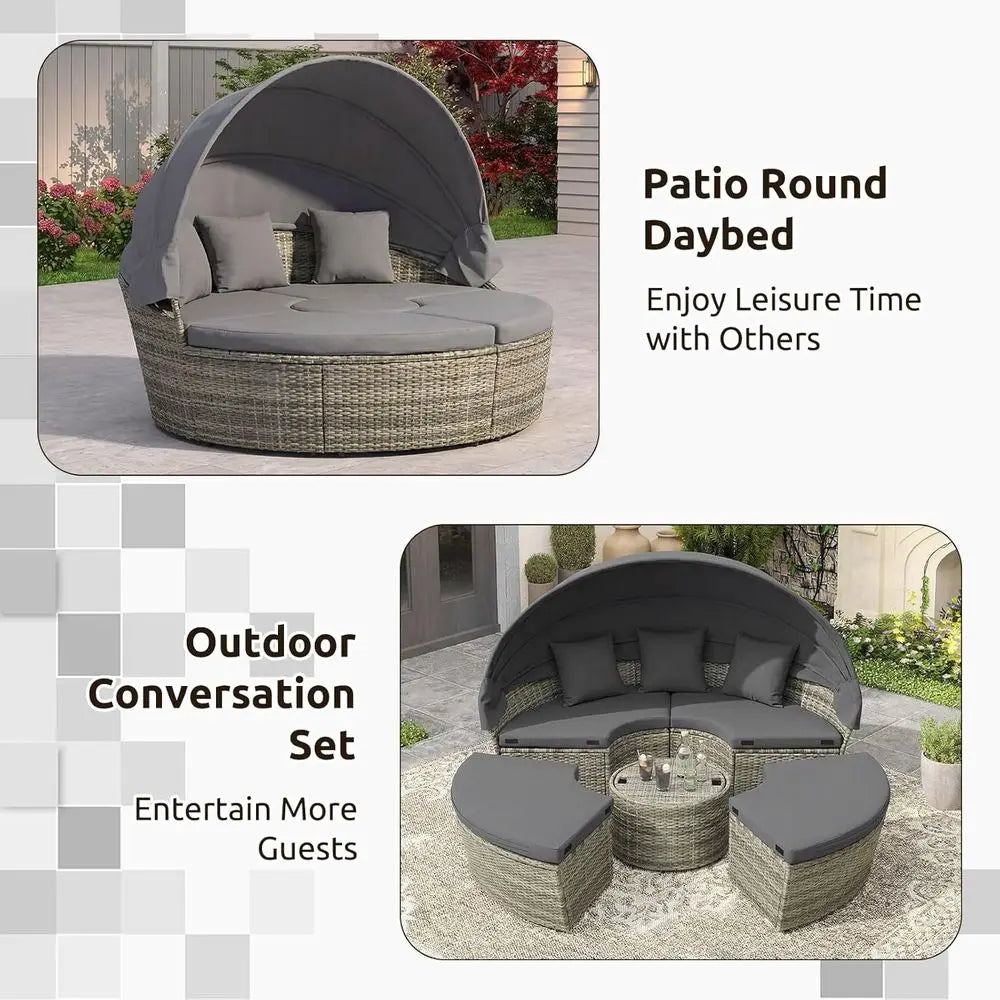 Patio Round Daybed with Retractable , Outdoor Wicker Rattan urniture Set, Sectional Cushioned Soa Set with Height Adjustable Coe