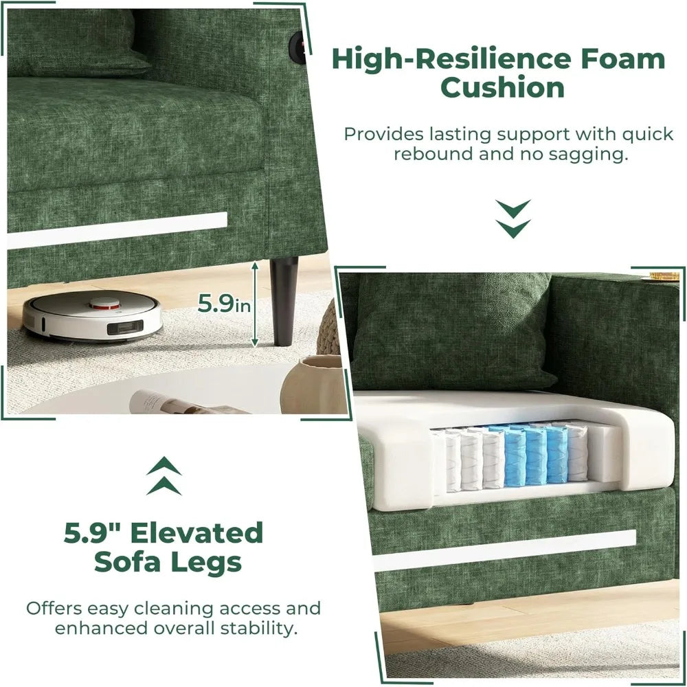 77" Small Cloud Loveseat 3 Seater Sofa, Green | Deep Seat, LED Light, USB Charger, Chenille, Modern, Customized