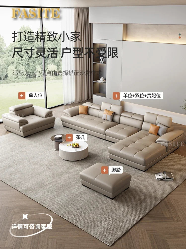 Nordic leather sofa with cowhide top layer, simple modern size, living room, Italian minimalist cream style leather sofa