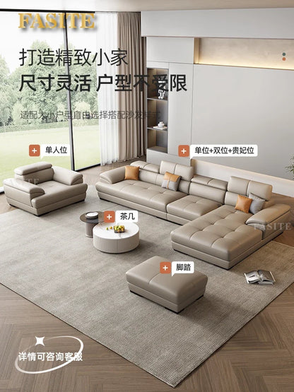 Nordic leather sofa with cowhide top layer, simple modern size, living room, Italian minimalist cream style leather sofa