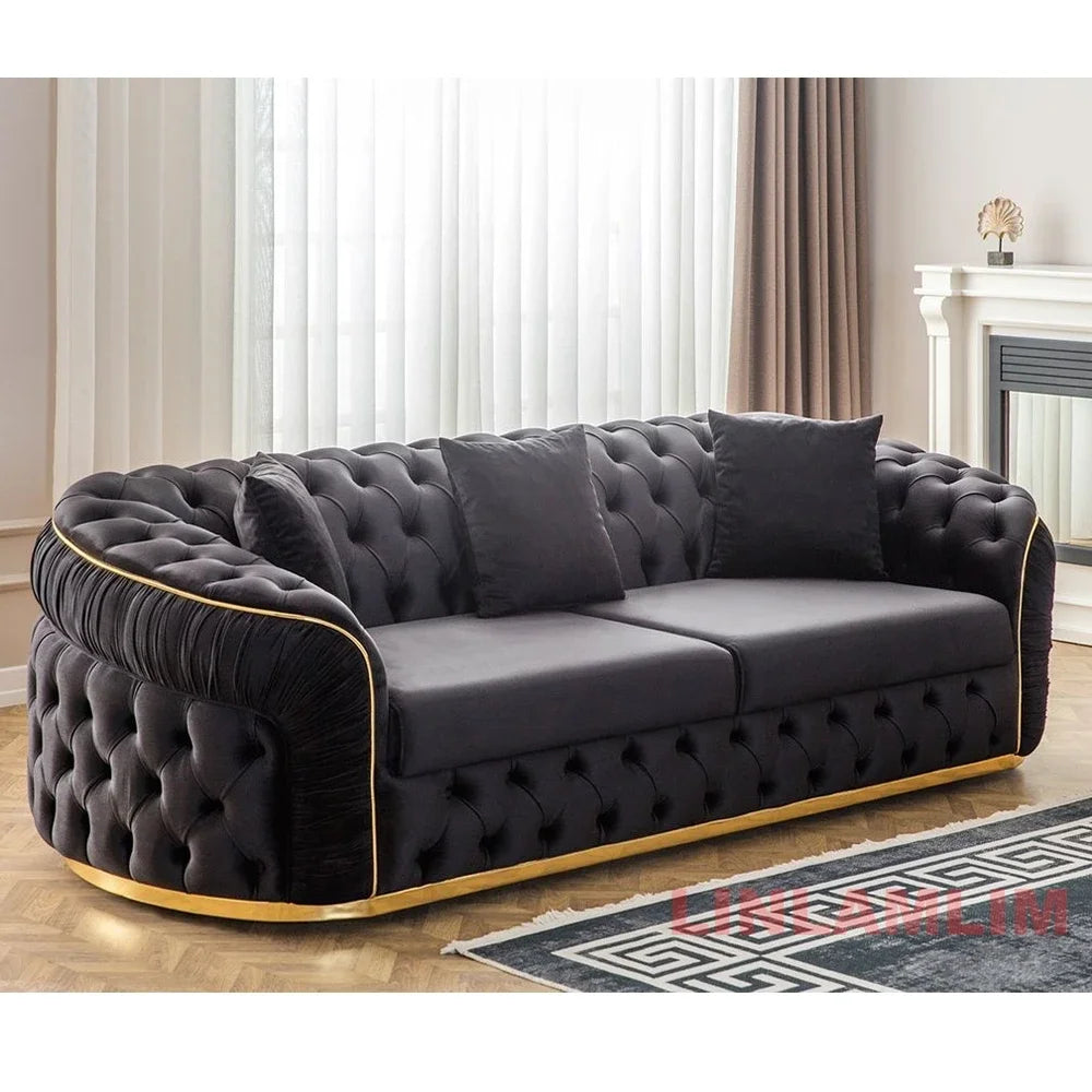 A Luxury Chesterfield Sectional Sofa Set With Cloth Buttons And Fabric Modular Couch With Gold Stainless Steel Base, 3-seater So