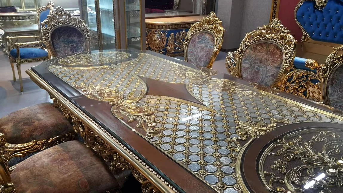 French Royal Baroque Dining Set — Hand-Carved Solid Wood Table with Upholstered Chairs, Luxury Gold for Villa/Hotel