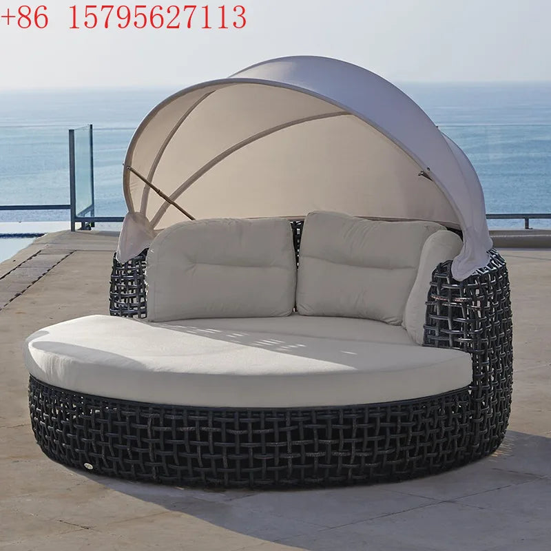 Outdoor leisure rattan sofa queen bed rough rattan recliner round bed combination with canopy round rattan awning lying outside