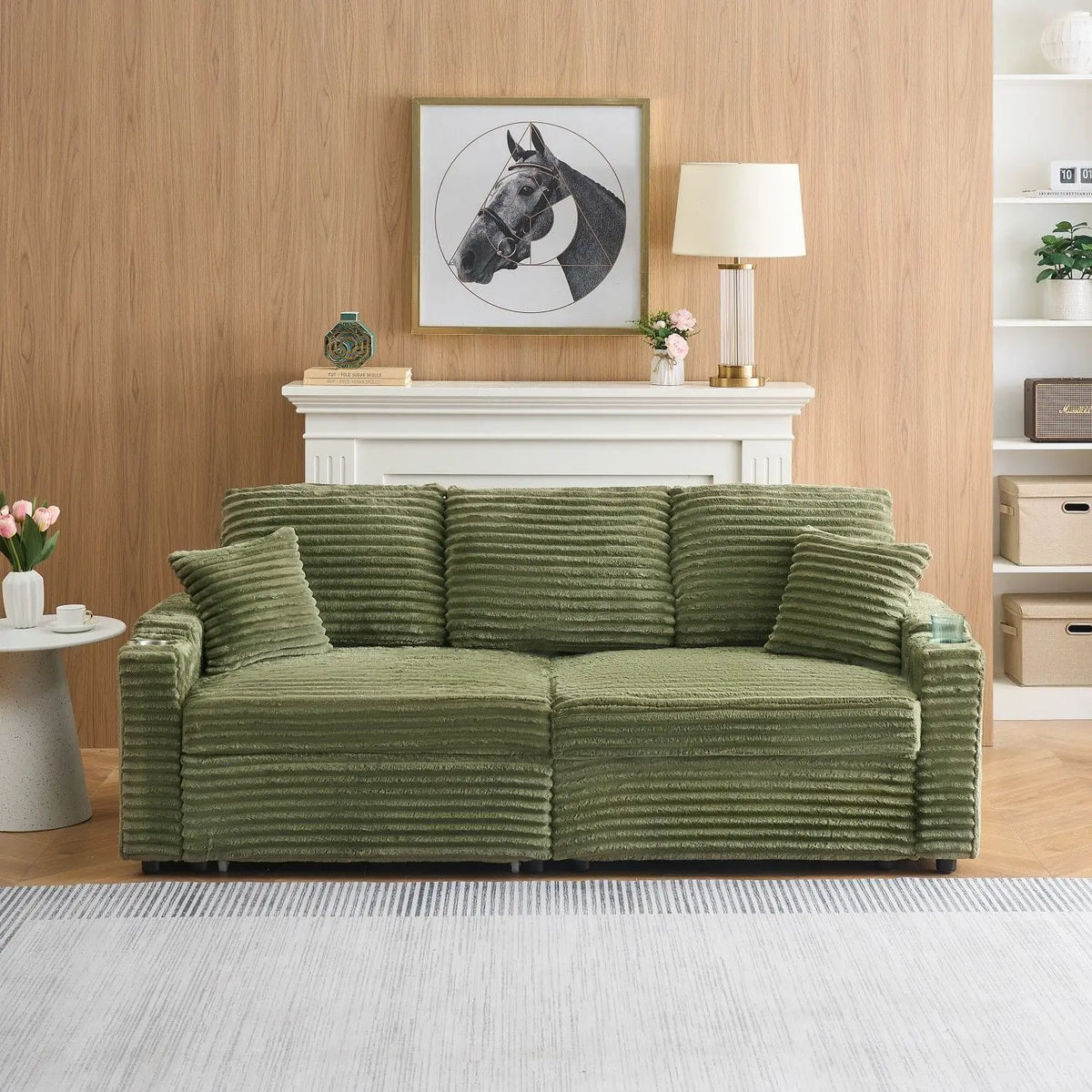 80-Inch Two-in-One Folding Chaise Lounge Corduroy Fabric Hidden Lying Function Cup Holder Pillow Easy-to-Adapt Green for Living