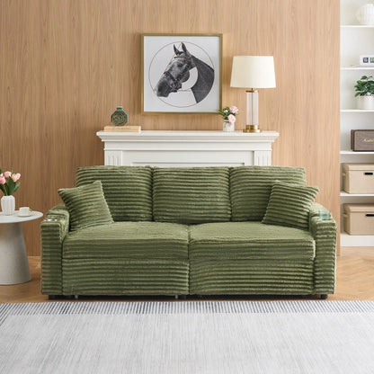 80-Inch Two-in-One Folding Chaise Lounge Corduroy Fabric Hidden Lying Function Cup Holder Pillow Easy-to-Adapt Green for Living