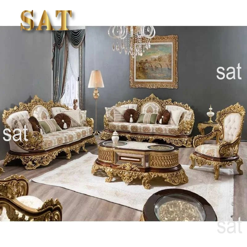 For Turkish Style Royal Antique Carved Solid Wood Sofa Set European Luxury Classic Home Living Room Furniture Sectional Sofa
