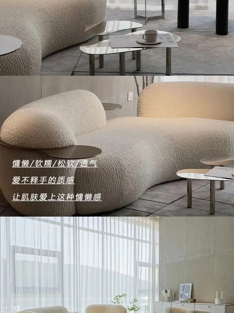 Modern light luxury living room lamb wool curved pea sofa, Italian cream ins style fashion cashew sofa customization