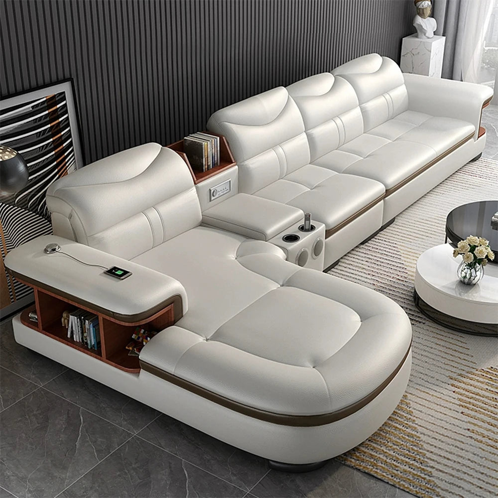 Modern L-Shaped Sectional Sofa with Chaise, Luxury Italian Genuine Leather Couch with adjustable headrest, Storage, USB, Console
