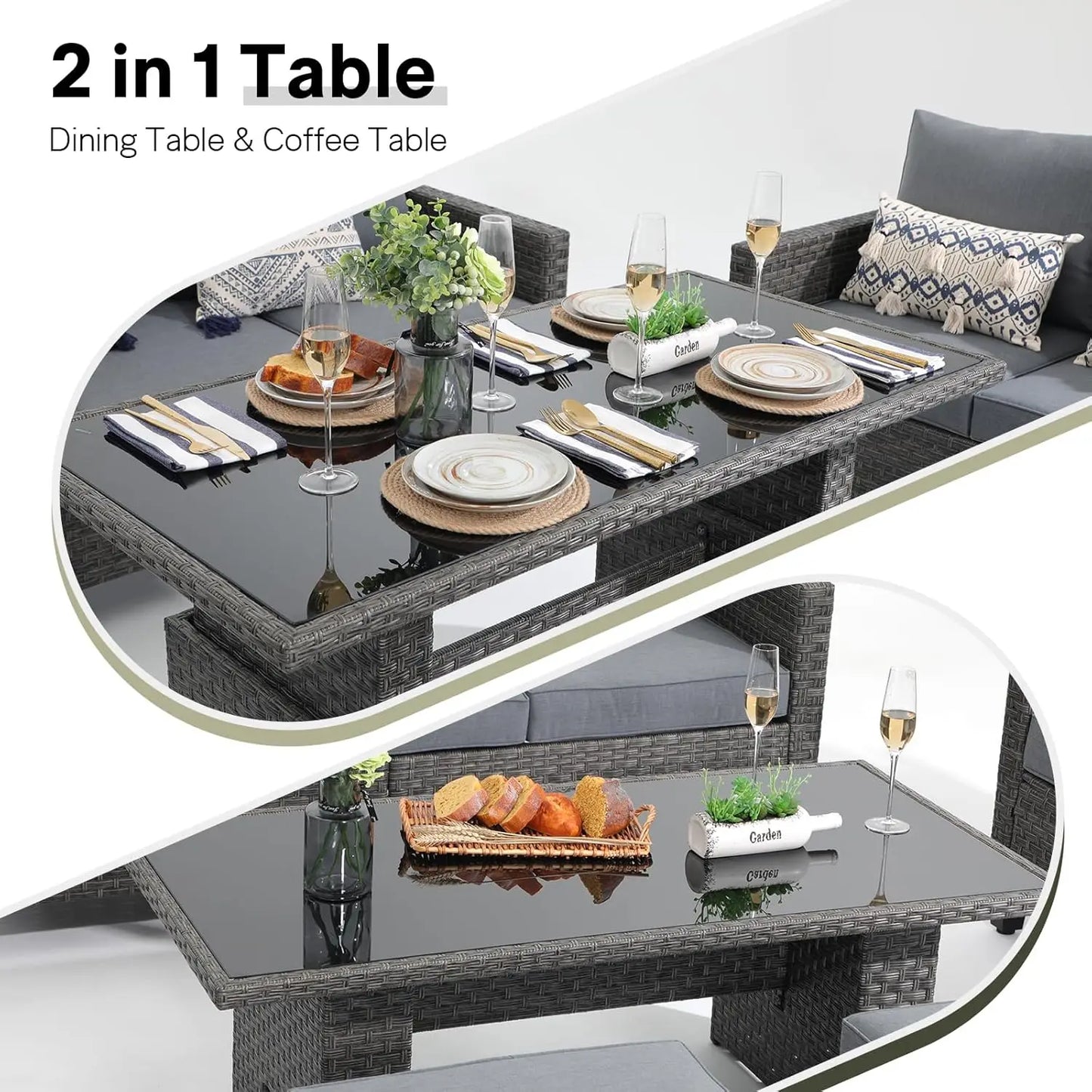 6pcs Grey PE Rattan Outdoor Sectional Sofa Set Lift Table Dining Ottoman Weatherproof Garden Backyard Poolside Customized