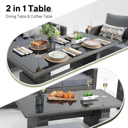 6pcs Grey PE Rattan Outdoor Sectional Sofa Set Lift Table Dining Ottoman Weatherproof Garden Backyard Poolside Customized