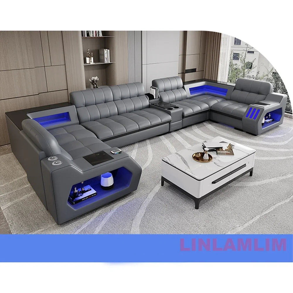Modern Sectional Sofa Bed with LED Light, Electric Recliner and Massage | Living Room Genuine Leather Couch with Cup Holder, USB