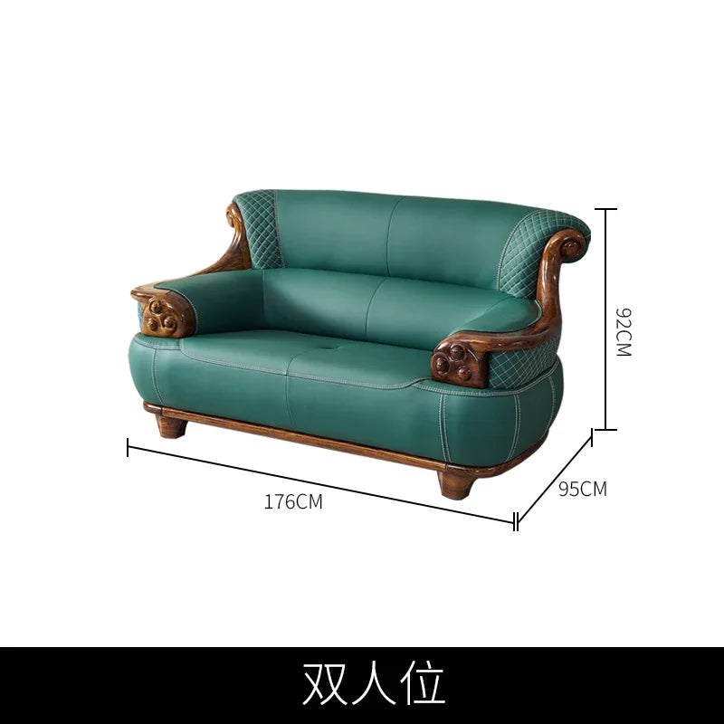 New Chinese-style thick leather sofa with solid wood 123 living room combination large apartment villa furniture  FT
