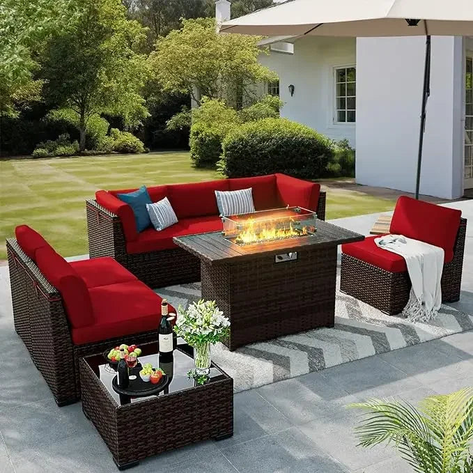 Long-Lasting 8 Pieces Outdoor Patio Furniture Set with 44" Fire Pit Table Rattan Sectional Conversation Sets w