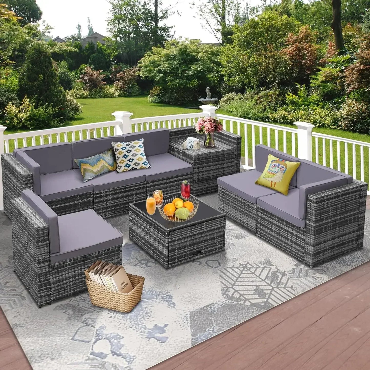 --8 Pieces Outdoor Wicker Rattan Patio Furniture Sectional Set, Glass Top Table with Hidden Storage, Oversized Cushions.sofa Bed