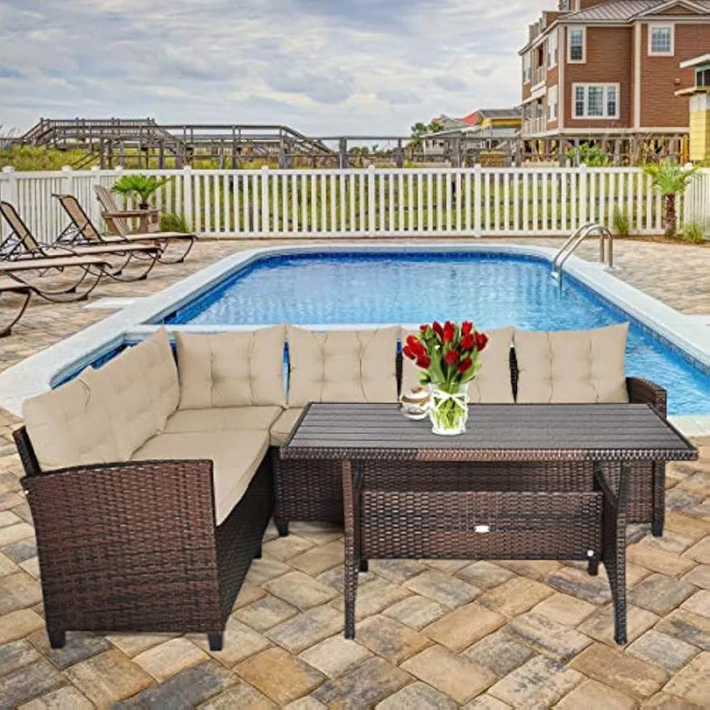 3-Piece Outdoor Patio Furniture Set Rattan Wicker Sofa Set with Seat & Back Cushions, Manual Weaving Conversation Set with Coff