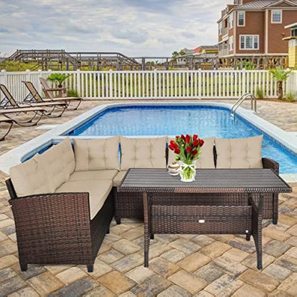 3-Piece Outdoor Patio Furniture Set Rattan Wicker Sofa Set with Seat & Back Cushions, Manual Weaving Conversation Set with Coff