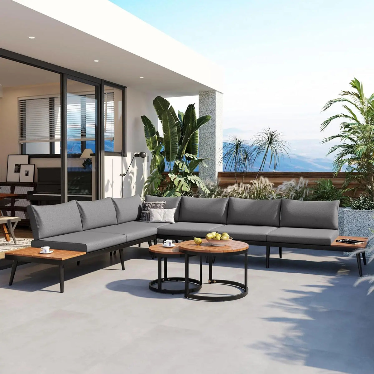 Modern Patio Furniture Set, 6-Piece Outdoor Sectional Sofa Set with Round Nesting Coffee Tables and Seating Sofa, Customized