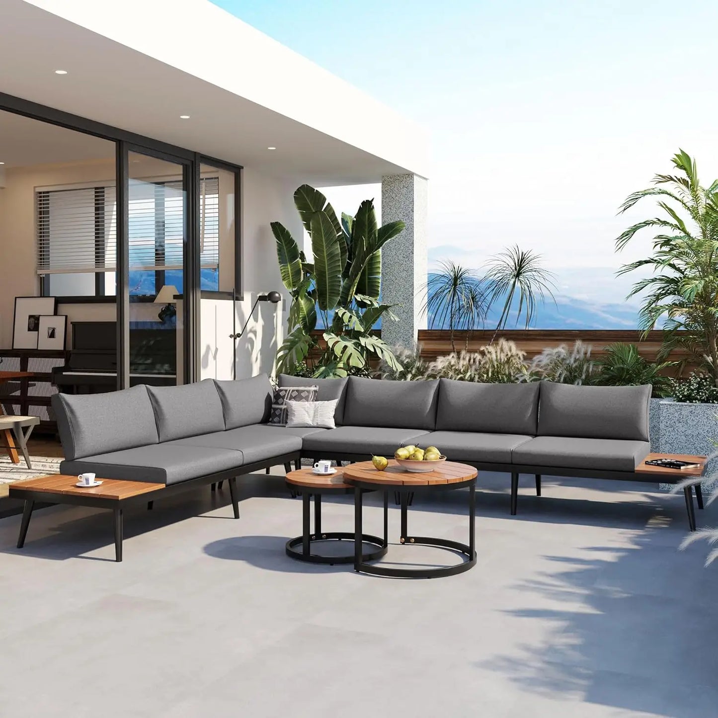 Modern Patio Furniture Set, 6-Piece Outdoor Sectional Sofa Set with Round Nesting Coffee Tables and Seating Sofa, Customized